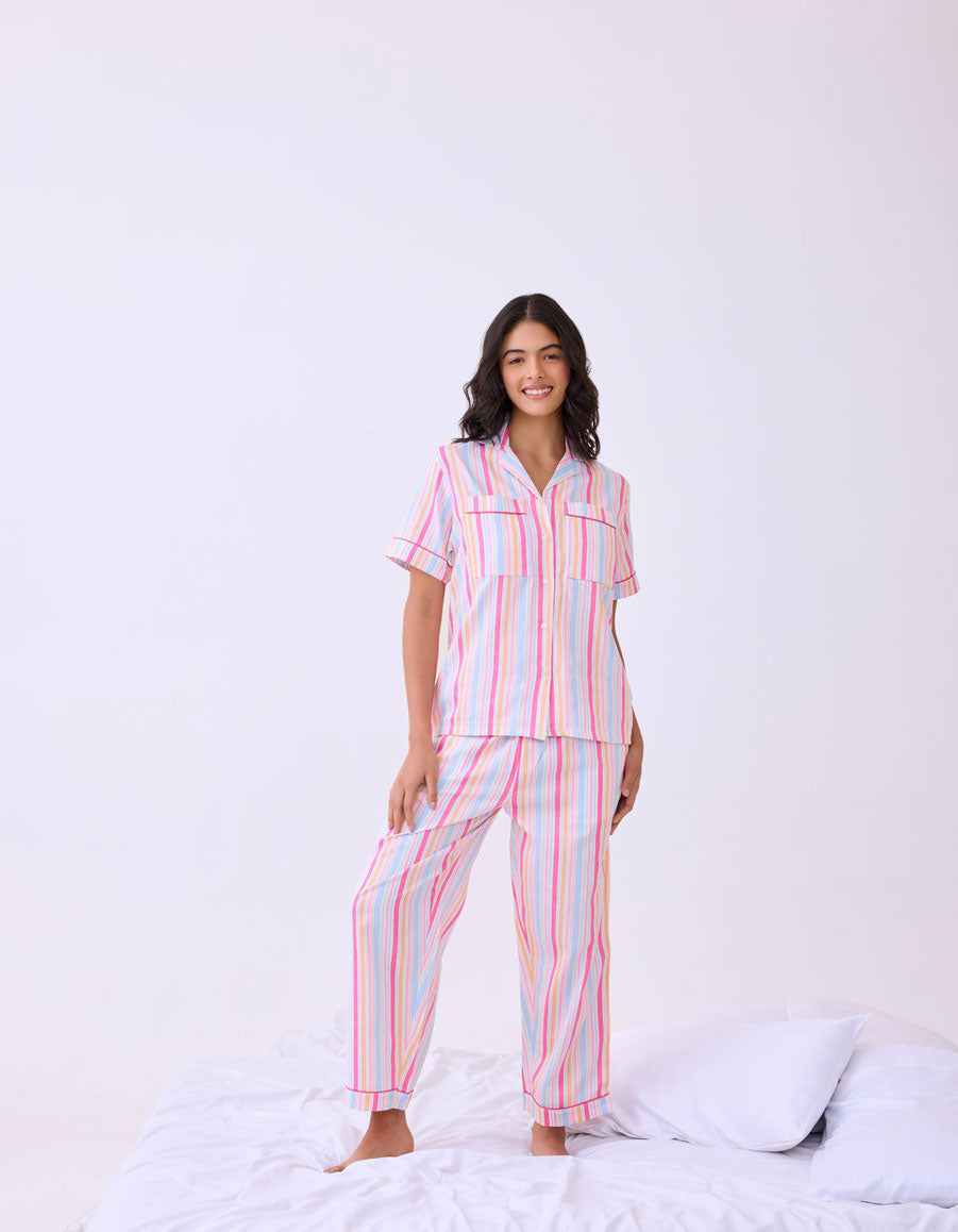 Colorful Striped Cotton Braless Night Suit