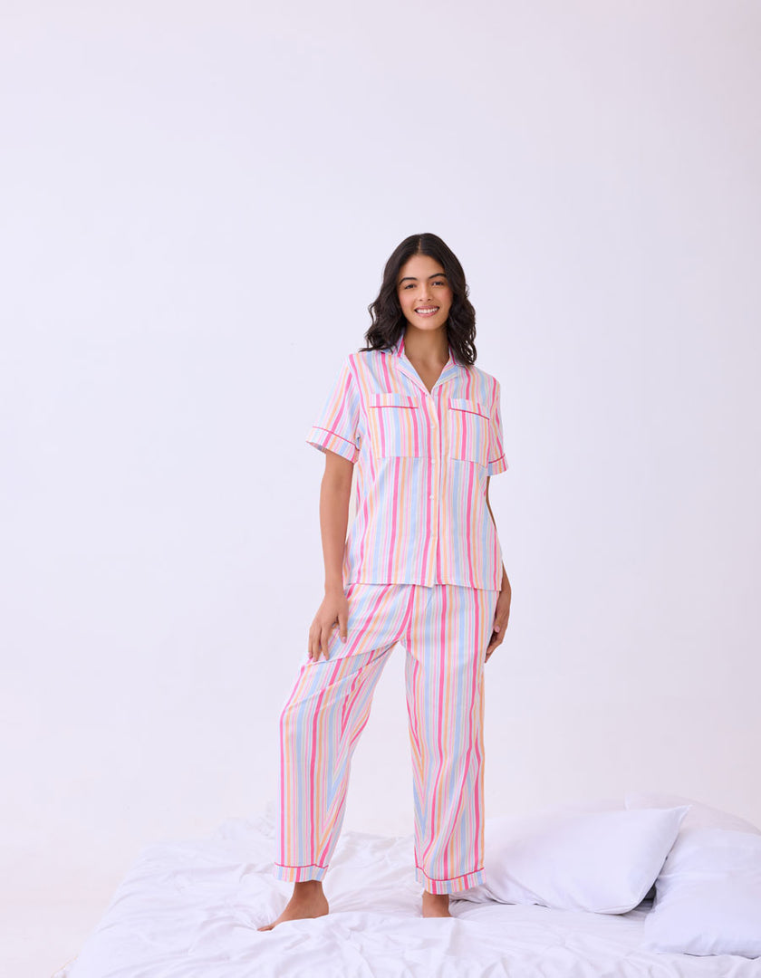 Colorful Striped Cotton Braless Night Suit