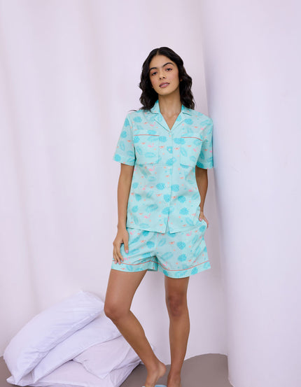 Tropical Flamingo & Crab Cotton Satin Braless Nightsuit