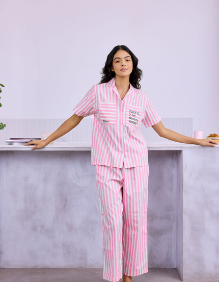 Pink & White Striped Cotton Satin Braless Nightsuit