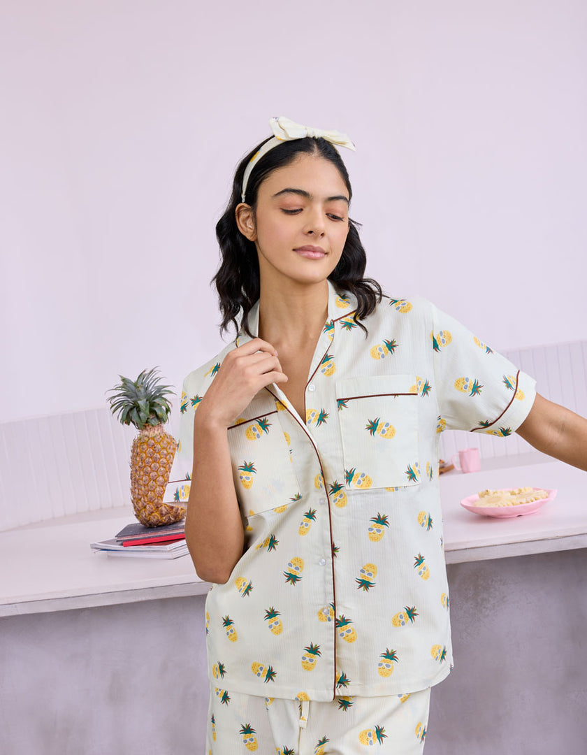 Pineapple Printed Cotton Braless Nightsuit for Women