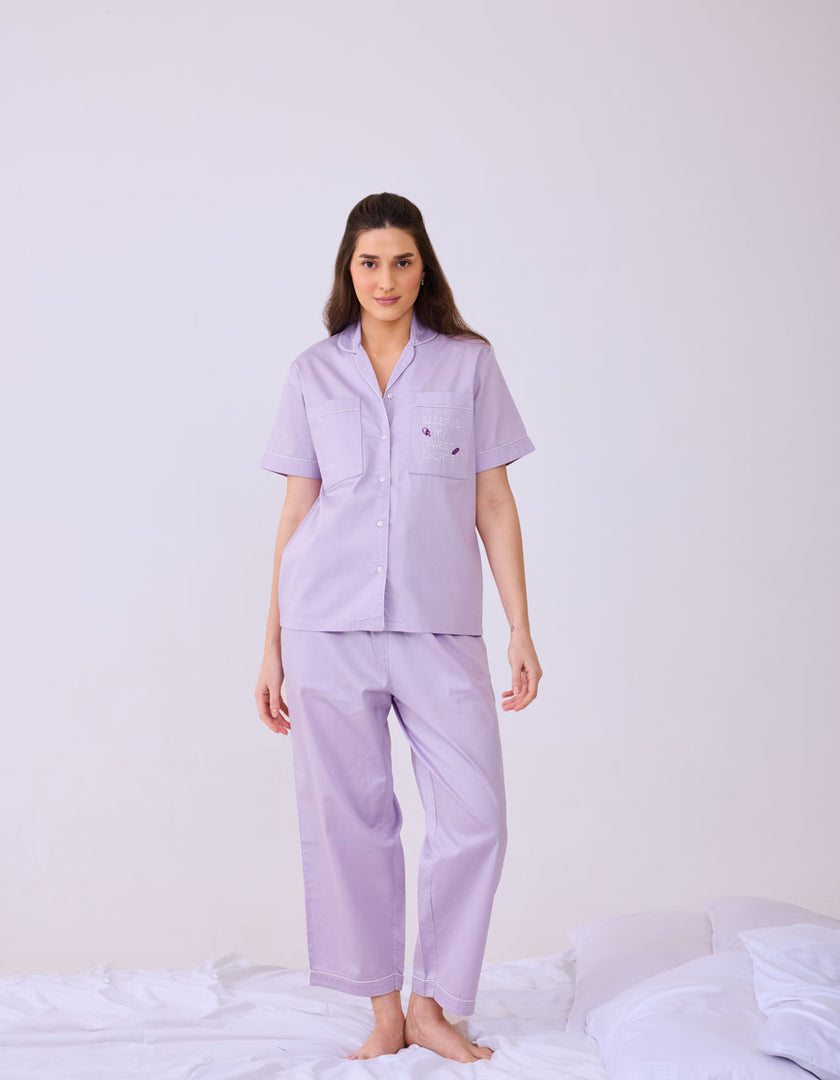 Solid Lilac Cotton Satin Braless Nightsuit for women