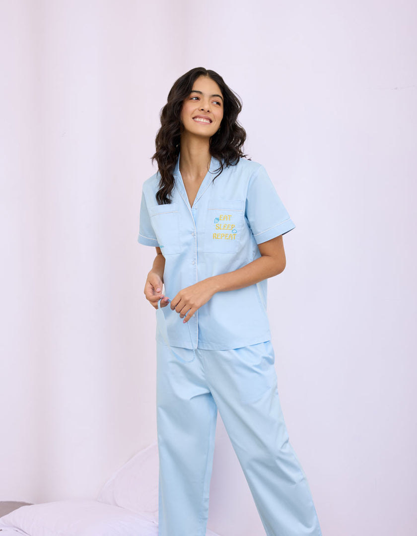 Solid Sky Cotton  Braless Nightsuit for women