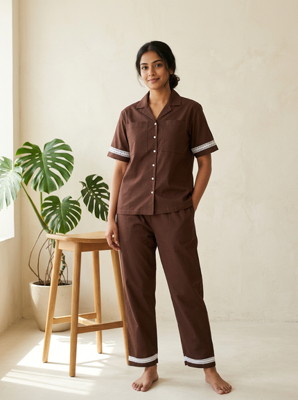 Coffee Brown Lace-Trim Cotton Braless Pajama Set
