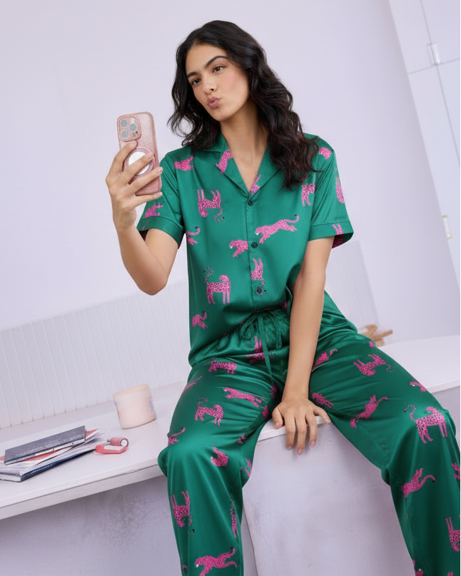 Leopard Print Silky Satin Padded Night Suit