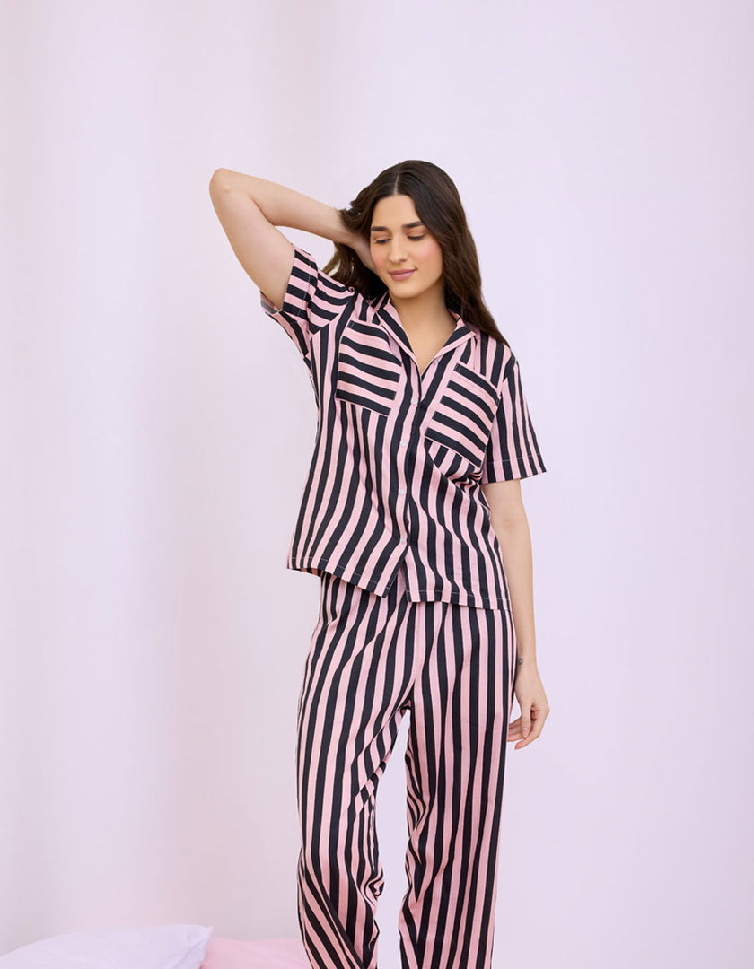 Pink & Black Striped Cotton Satin Braless Nightsuit