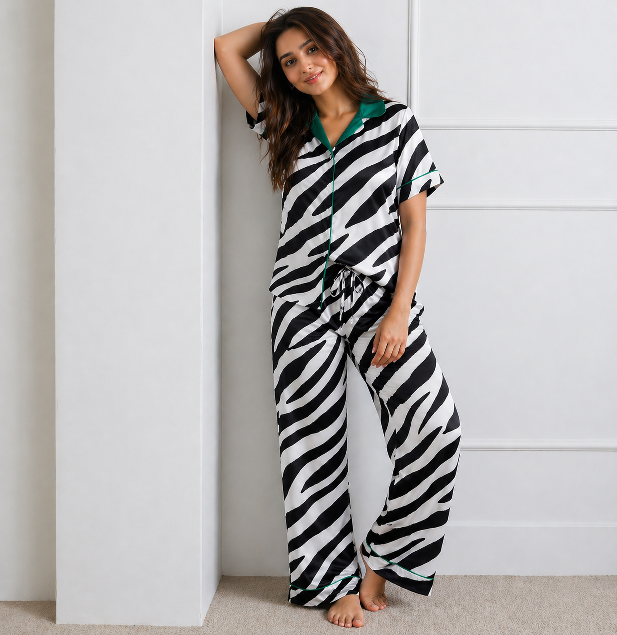 Zebra Print Padded Satin Night Suit
