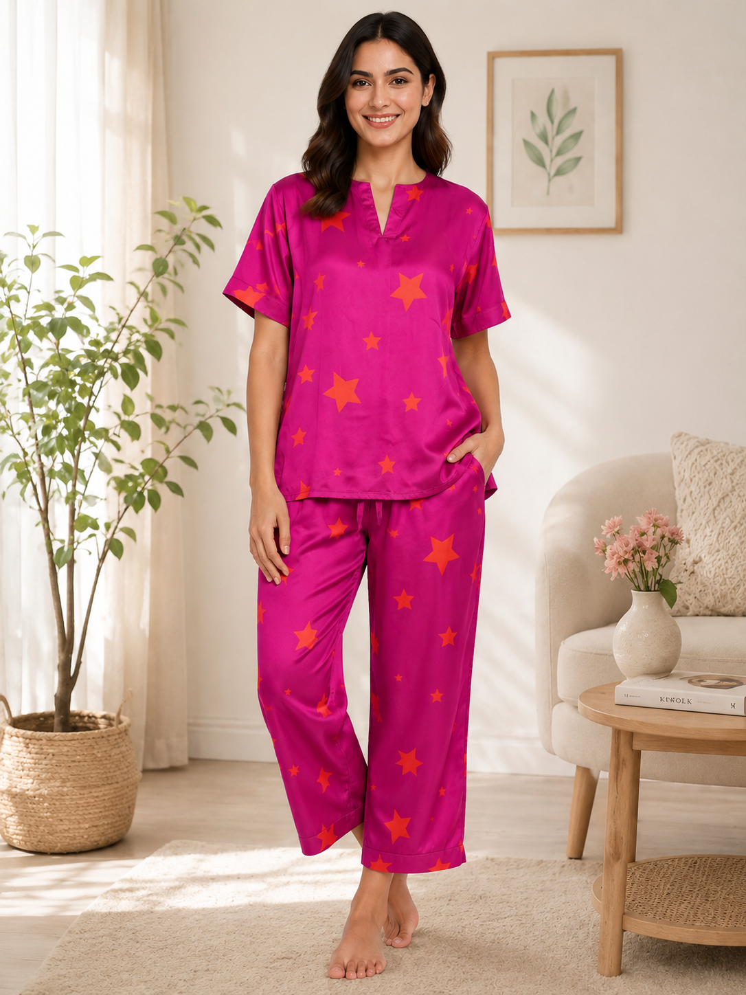 Fuchsia Star Print Padded Satin Night suit