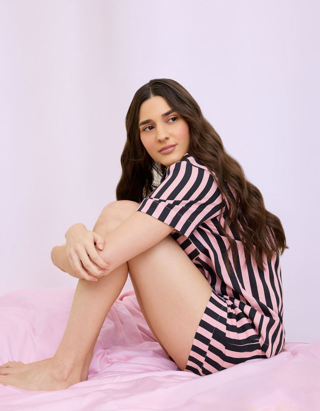 Pink & Black Striped Cotton Satin Braless Nightsuit