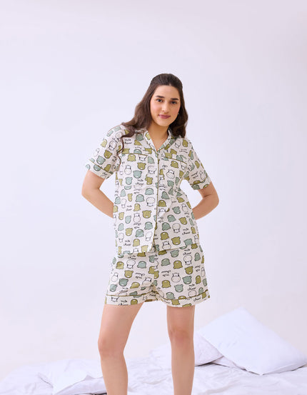 Teddy Bear Printed Cotton Braless Nightsuit for Women