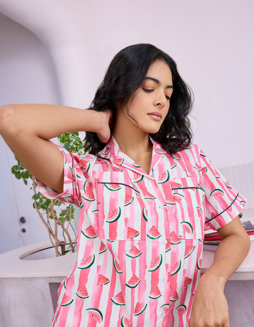 Watermelon Printed Cotton Braless Nightsuit for Women