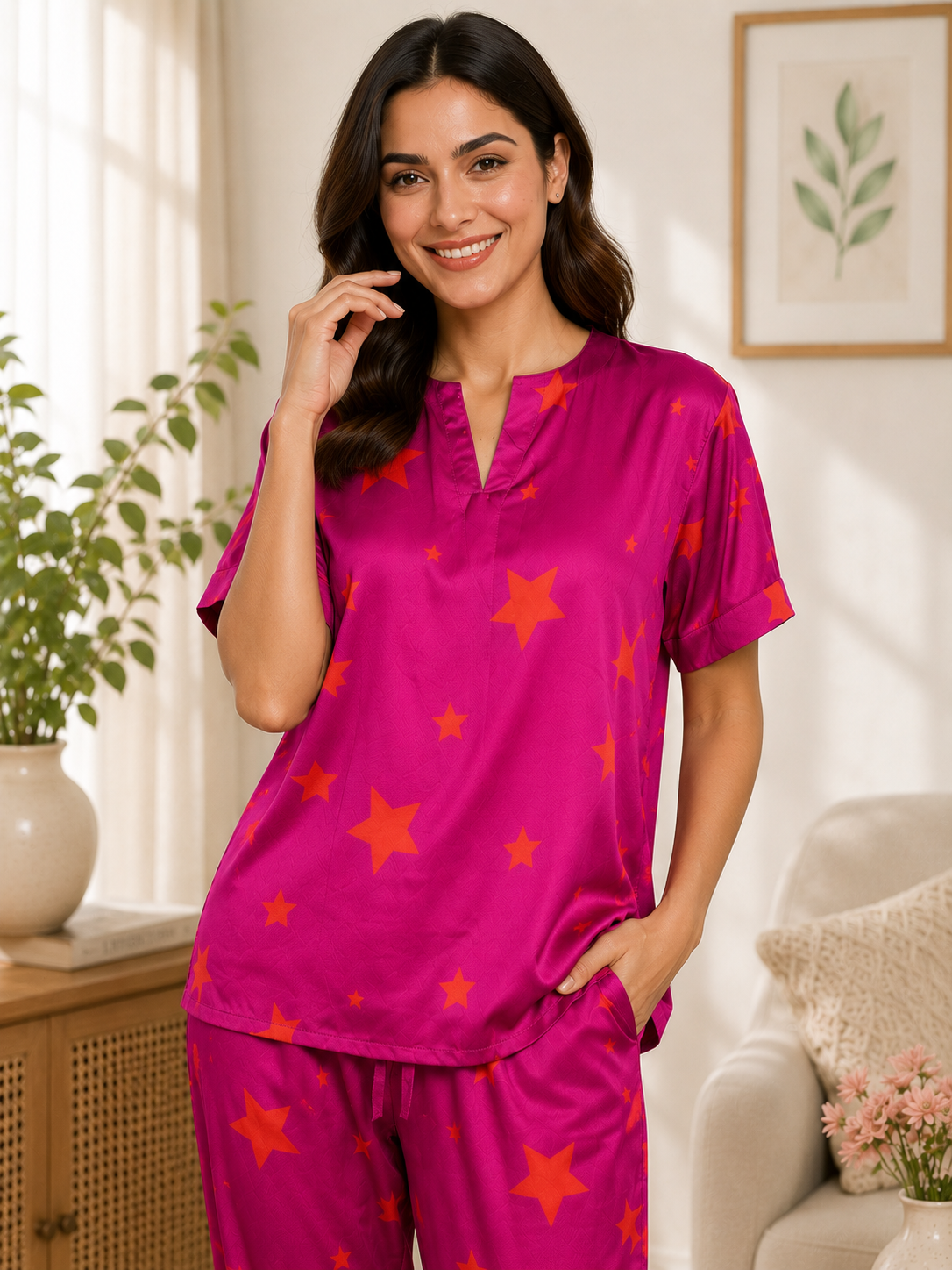 Fuchsia Star Print Padded Satin Night suit
