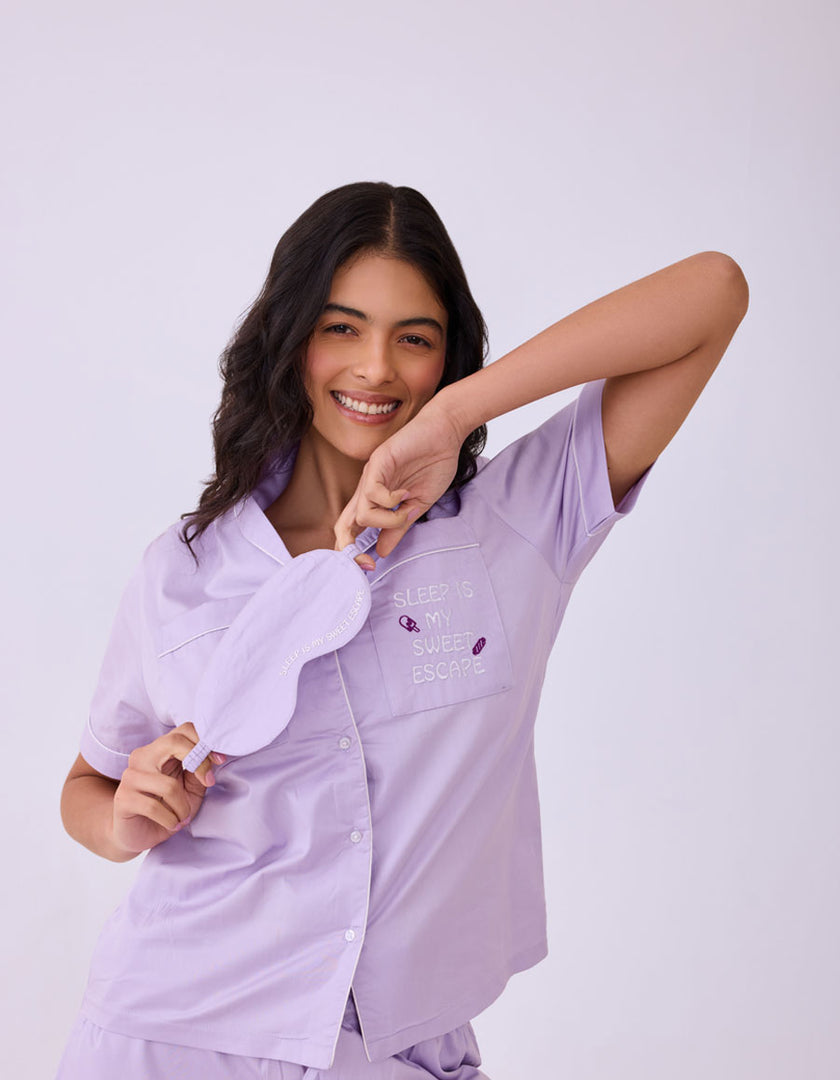 Solid Lilac Cotton Satin Braless Nightsuit for women