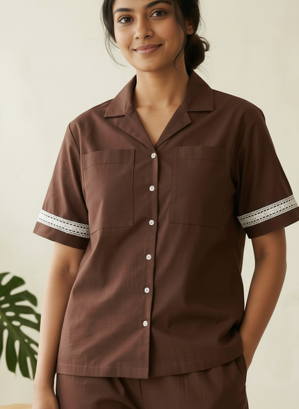 Coffee Brown Lace-Trim Cotton Braless Pajama Set