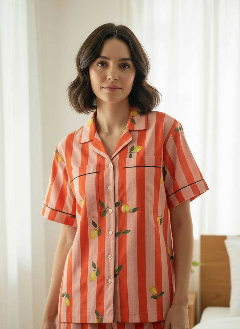 Lemon Sprig & Coral Striped Cotton Braless Nightsuit