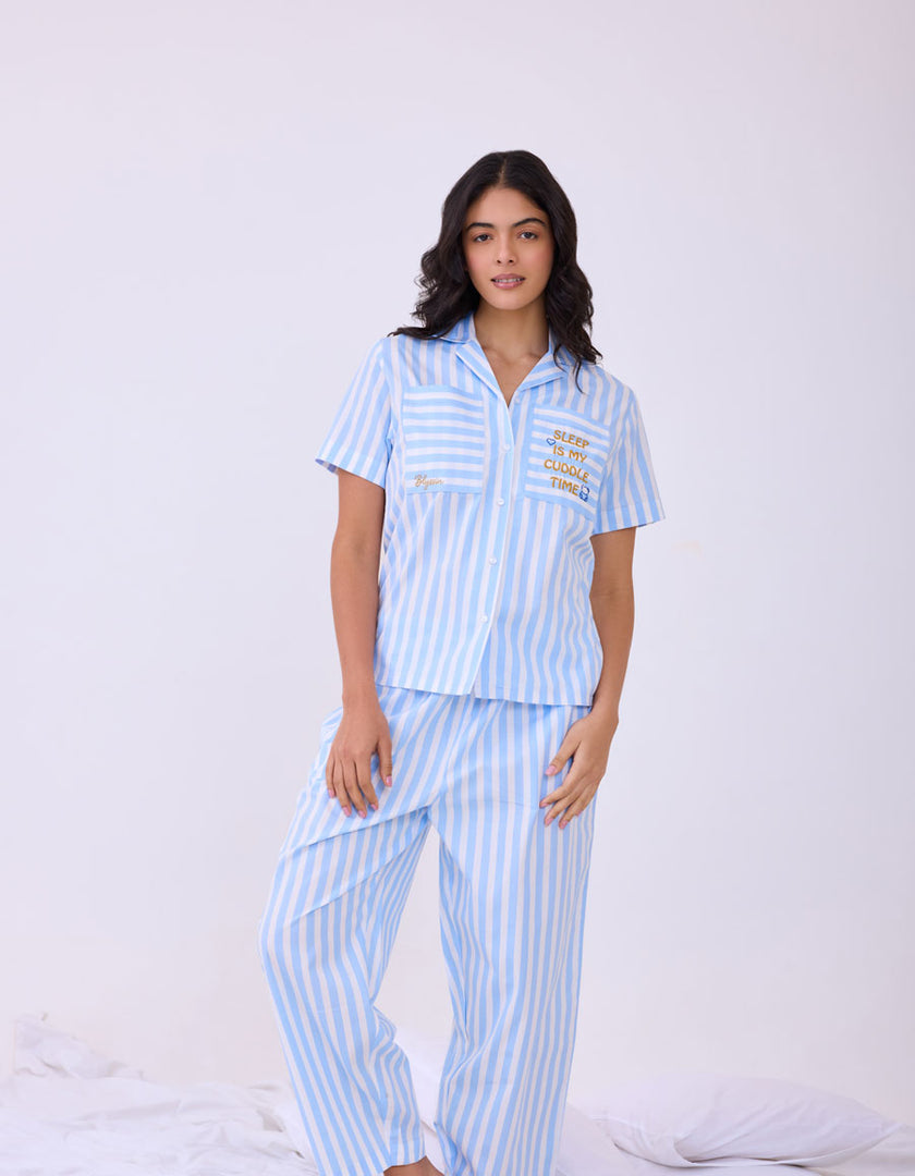 Sky & White Striped Cotton Satin Braless Nightsuit