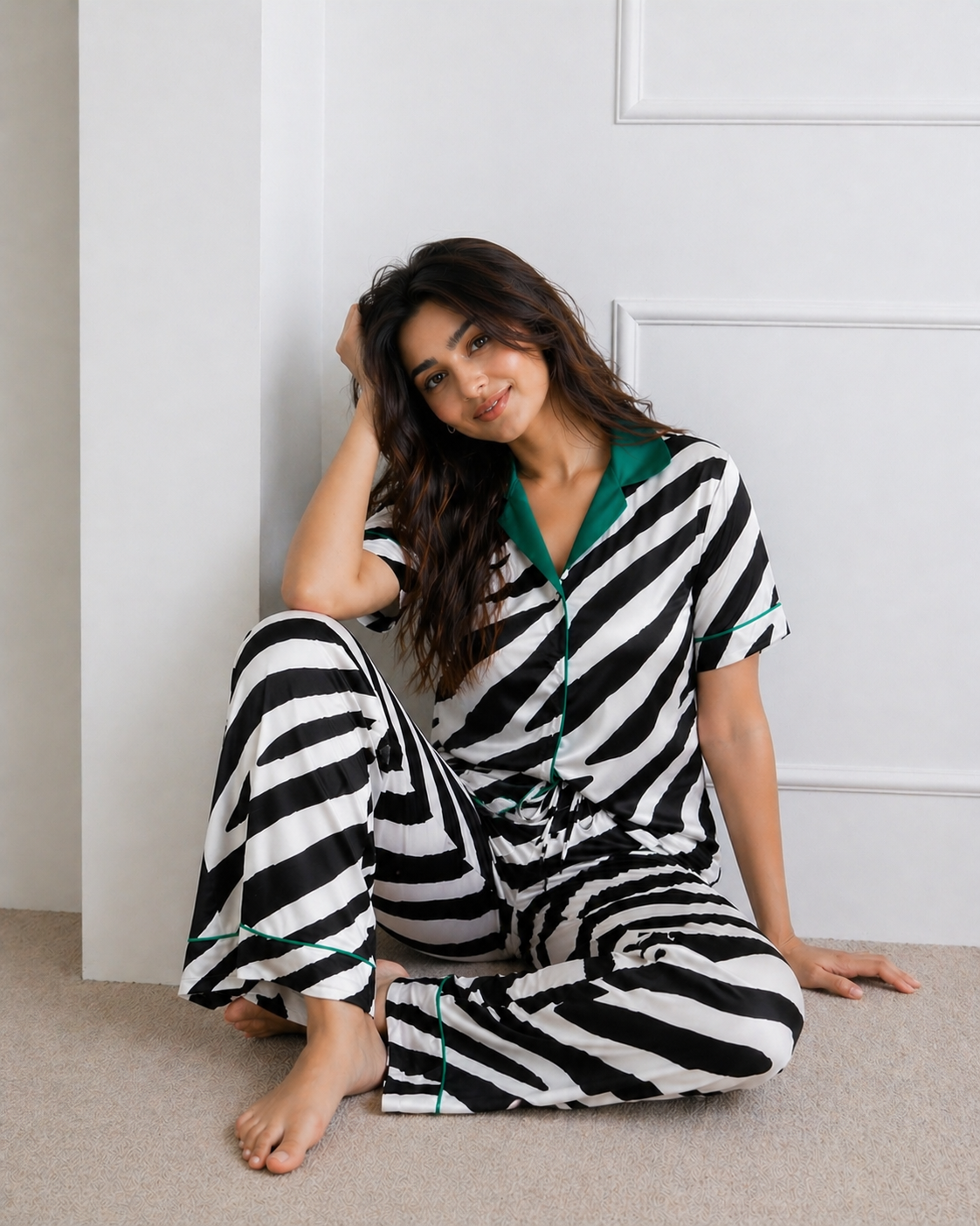 Zebra Print Padded Satin Night Suit