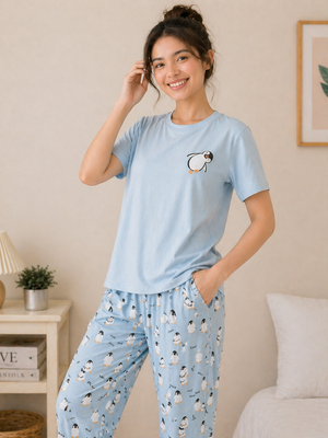 Playful Penguin Sky Printed Padded Night Suit