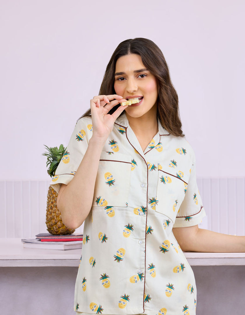 Pineapple Printed Cotton Braless Nightsuit for Women