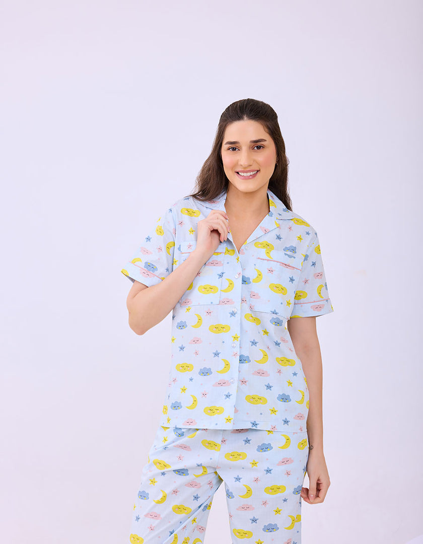 Cloud & Moon Stars Cotton Nightsuit for women