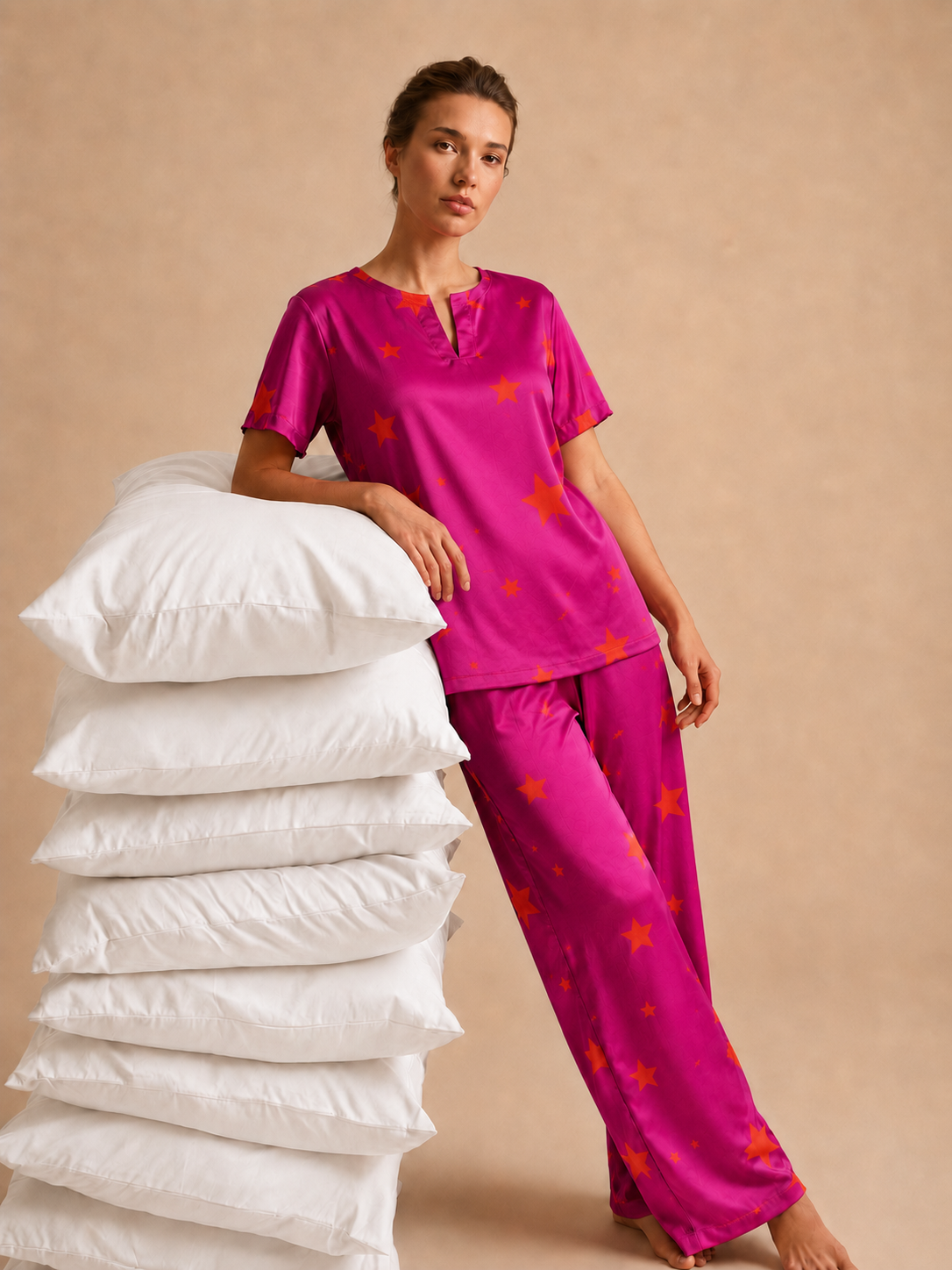 Pink Star Satin  Padded Nightsuit