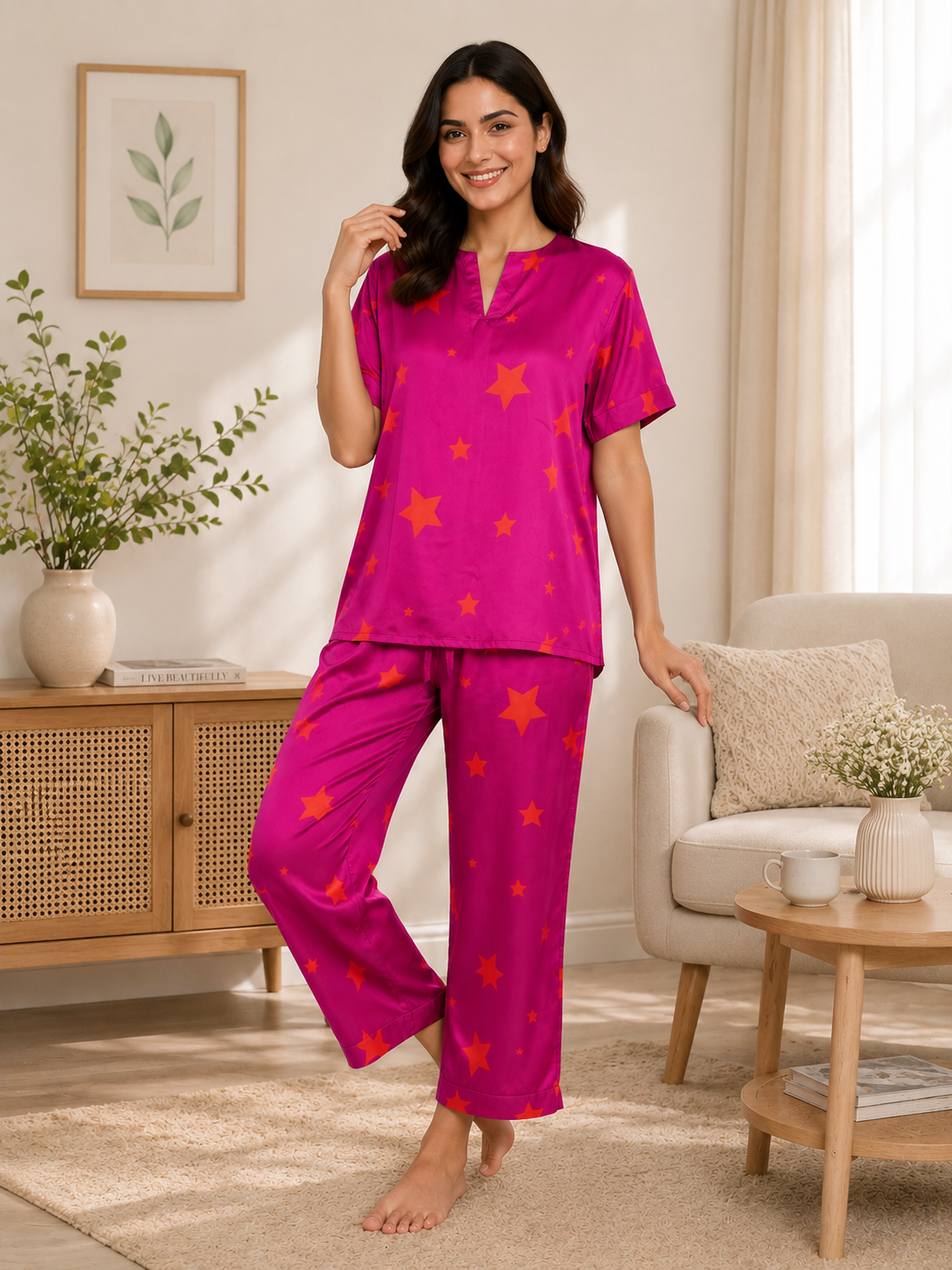 Fuchsia Star Print Padded Satin Night suit