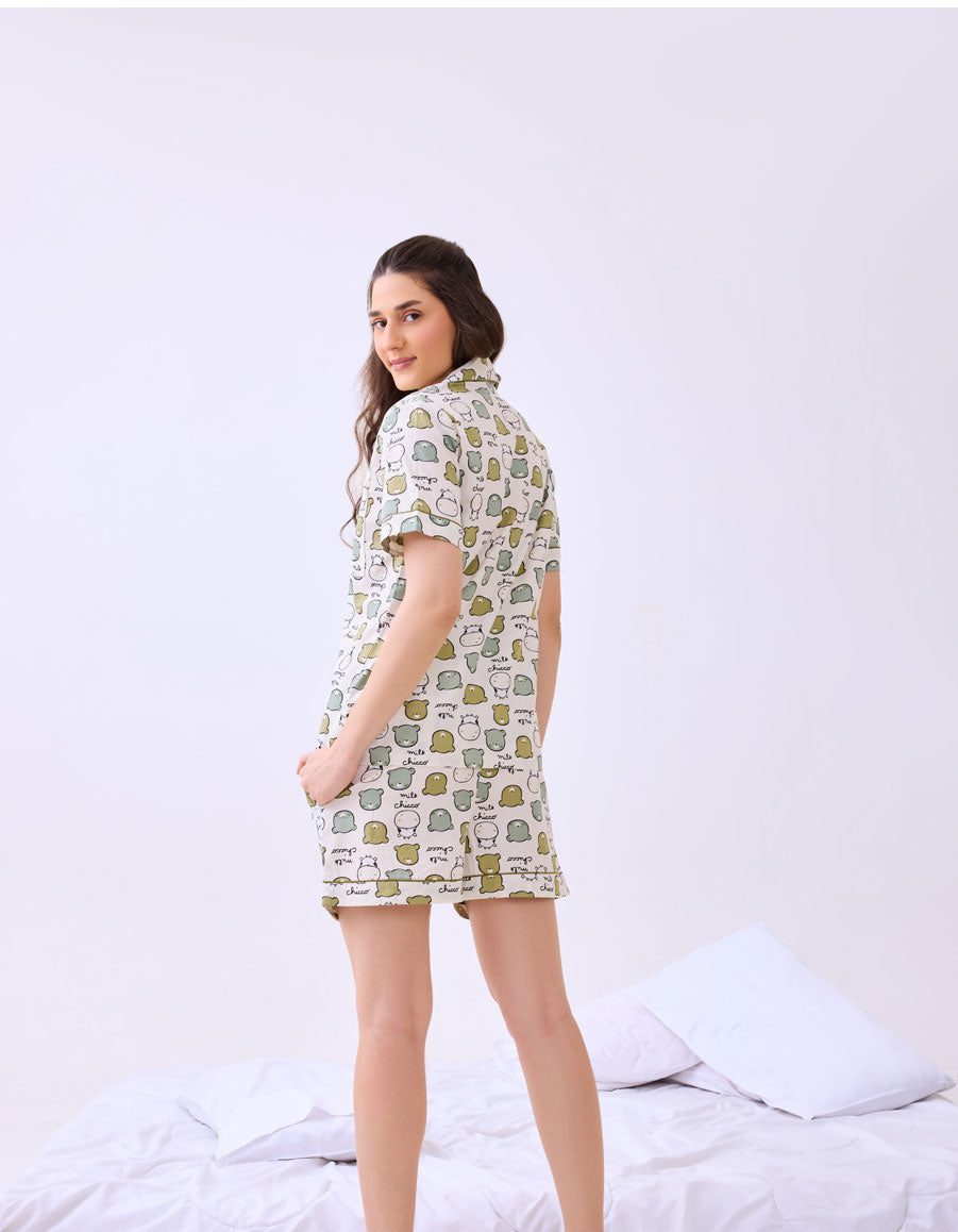 Teddy Bear Printed Cotton Braless Nightsuit for Women