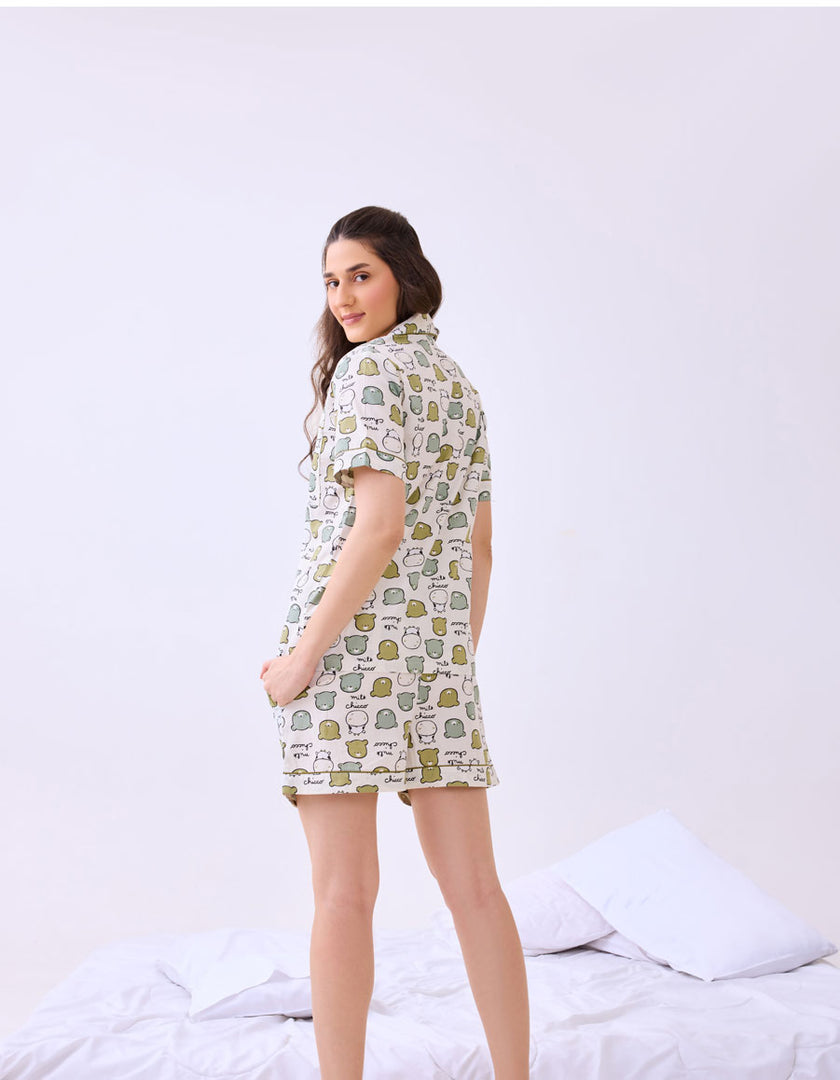 Teddy Bear Printed Cotton Braless Nightsuit for Women