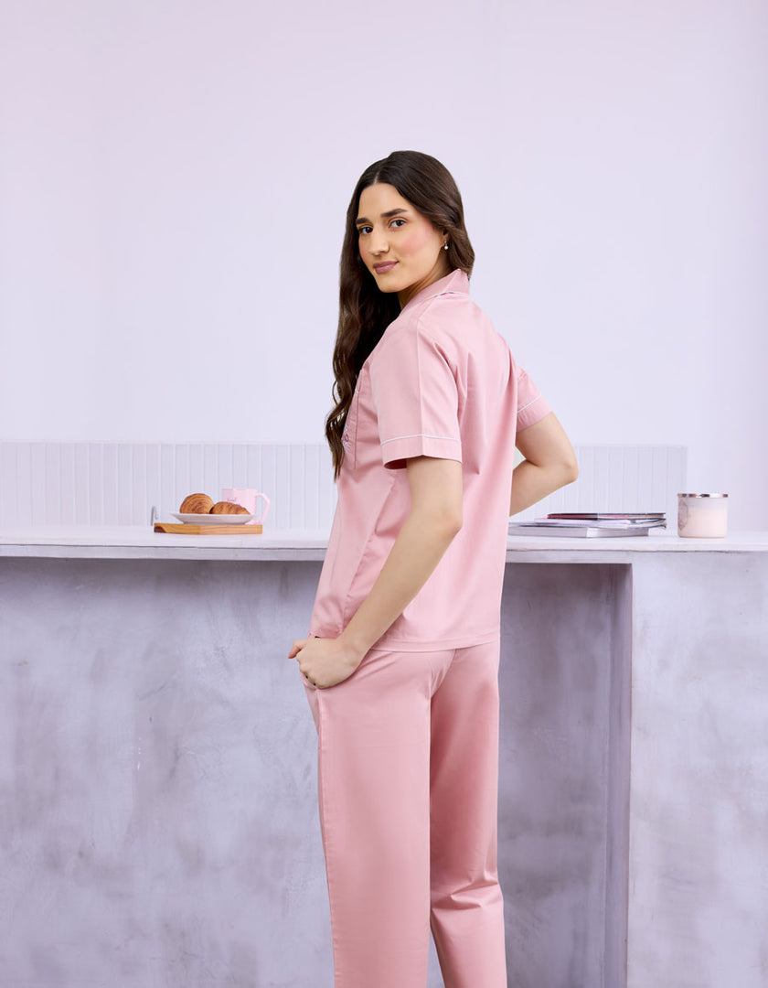 Solid Pink Cotton Satin Braless Nightsuit for women