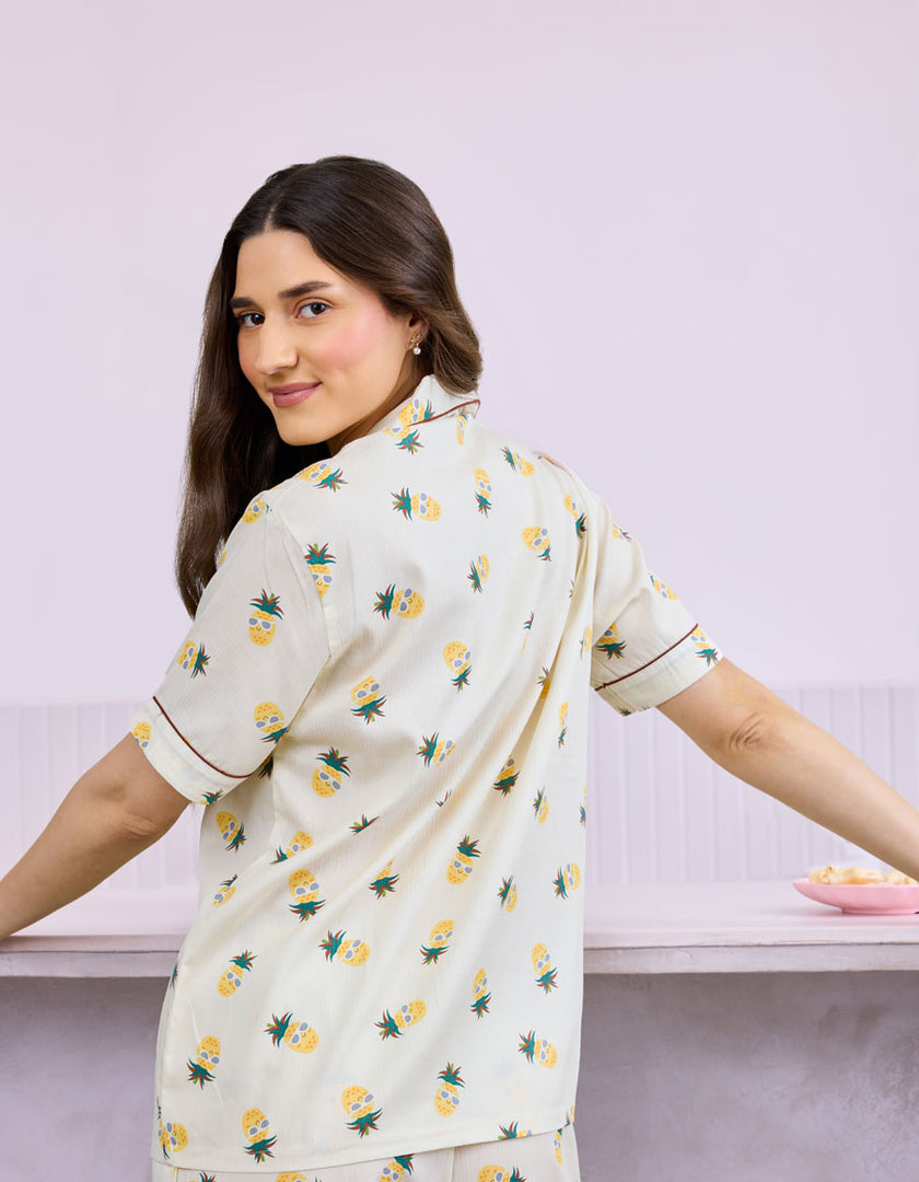 Pineapple Printed Cotton Braless Nightsuit for Women