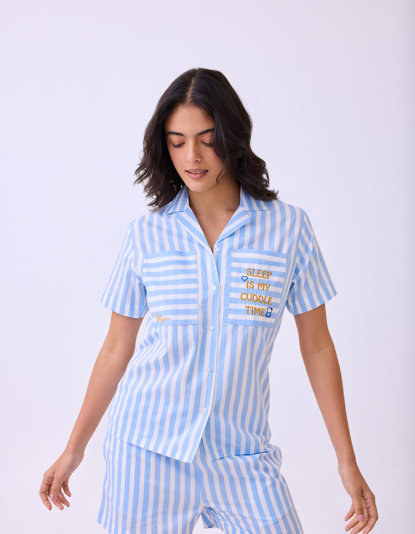 Sky & White Striped Cotton Satin Braless Nightsuit