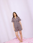 Pink & Black Striped Cotton Satin Braless Nightsuit