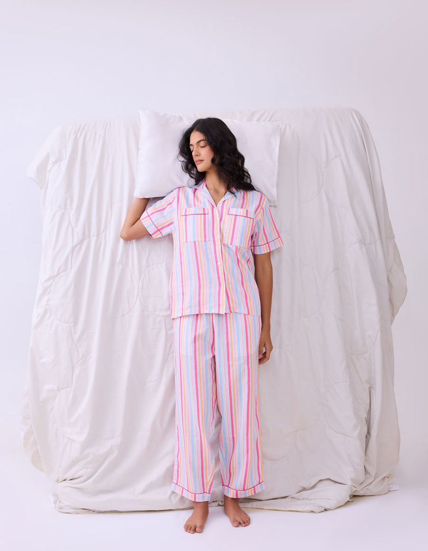 Colorful Striped Cotton Braless Night Suit