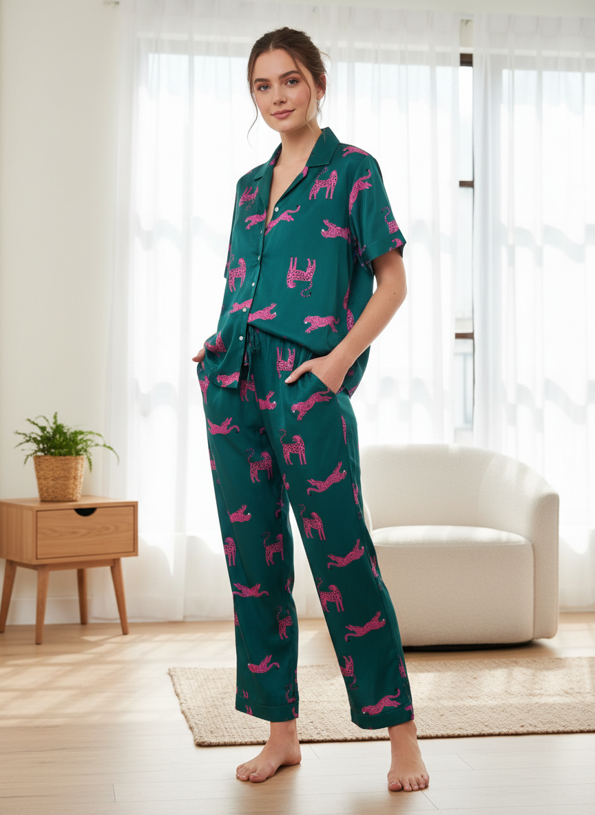 Leopard Print Silky Satin Padded Night Suit