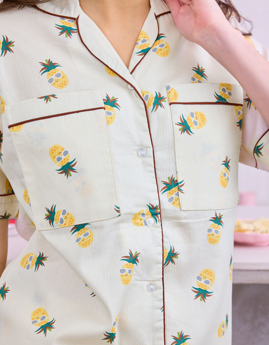 Pineapple Printed Cotton Braless Nightsuit for Women