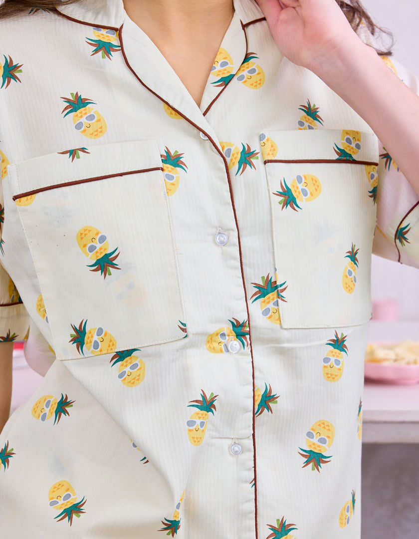 Pineapple Printed Cotton Braless Nightsuit for Women