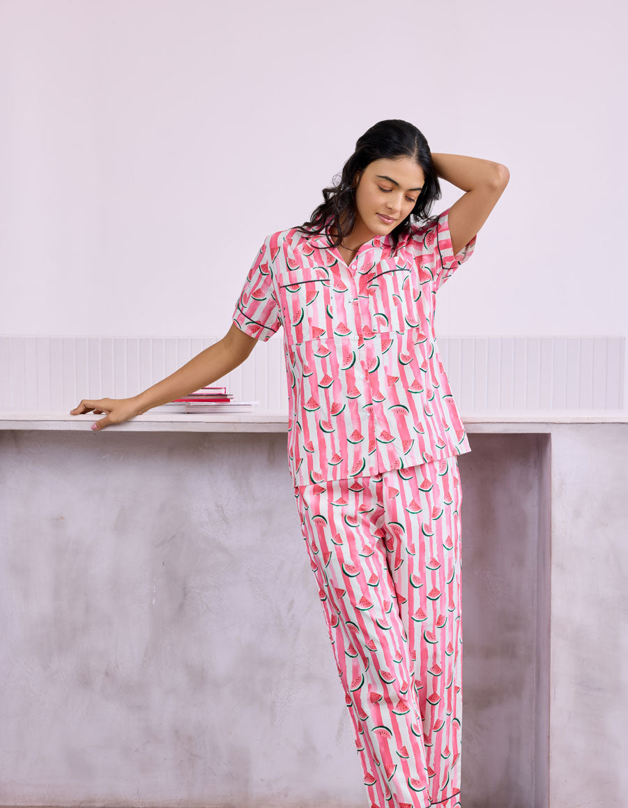 Watermelon Printed Cotton Braless Nightsuit for Women