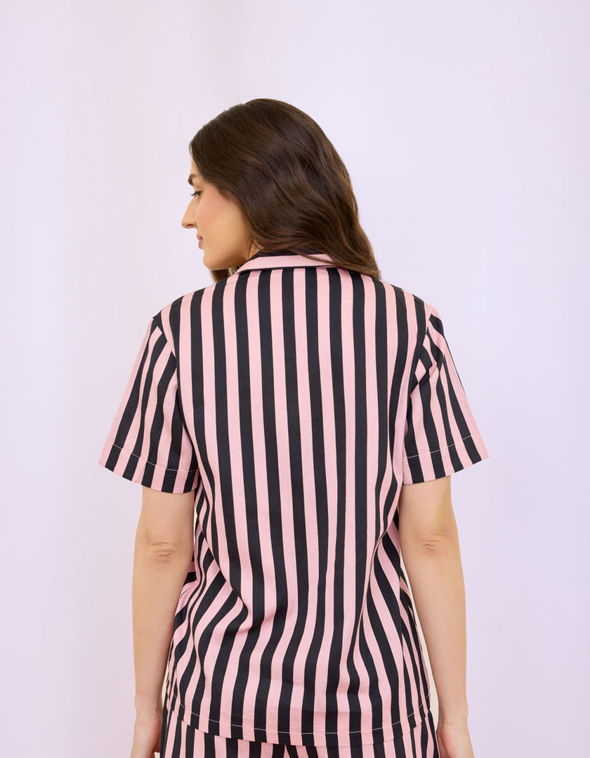 Pink & Black Striped Cotton Satin Braless Nightsuit
