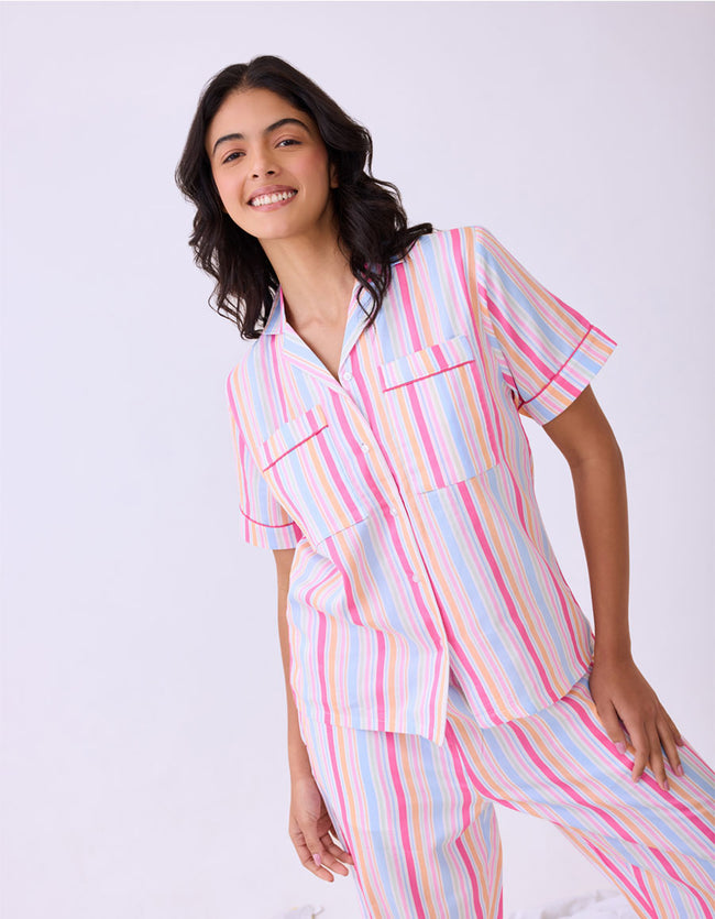 Colorful Striped Cotton Braless Night Suit