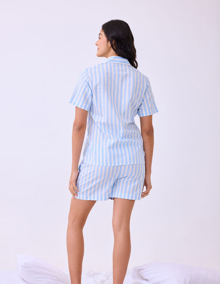 Sky & White Striped Cotton Satin Braless Nightsuit