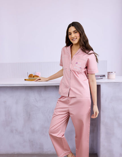 Solid Pink Cotton Satin Braless Nightsuit for women