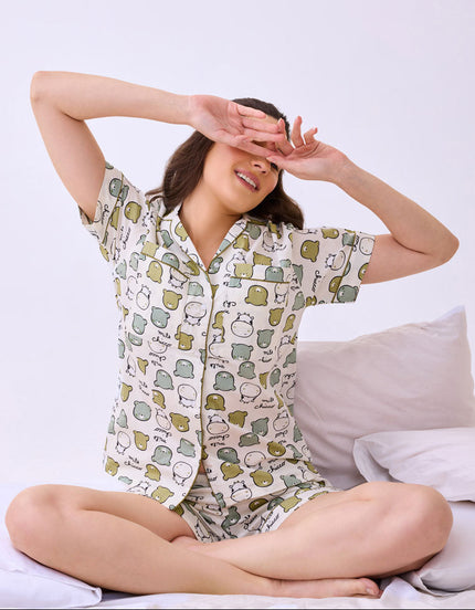 Teddy Bear Printed Cotton Braless Nightsuit for Women