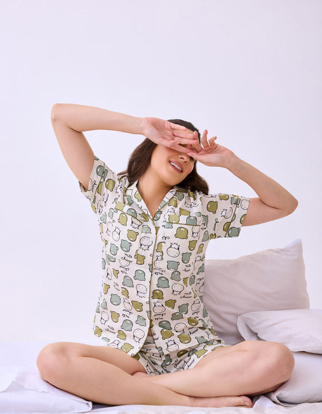 Teddy Bear Printed Cotton Braless Nightsuit for Women