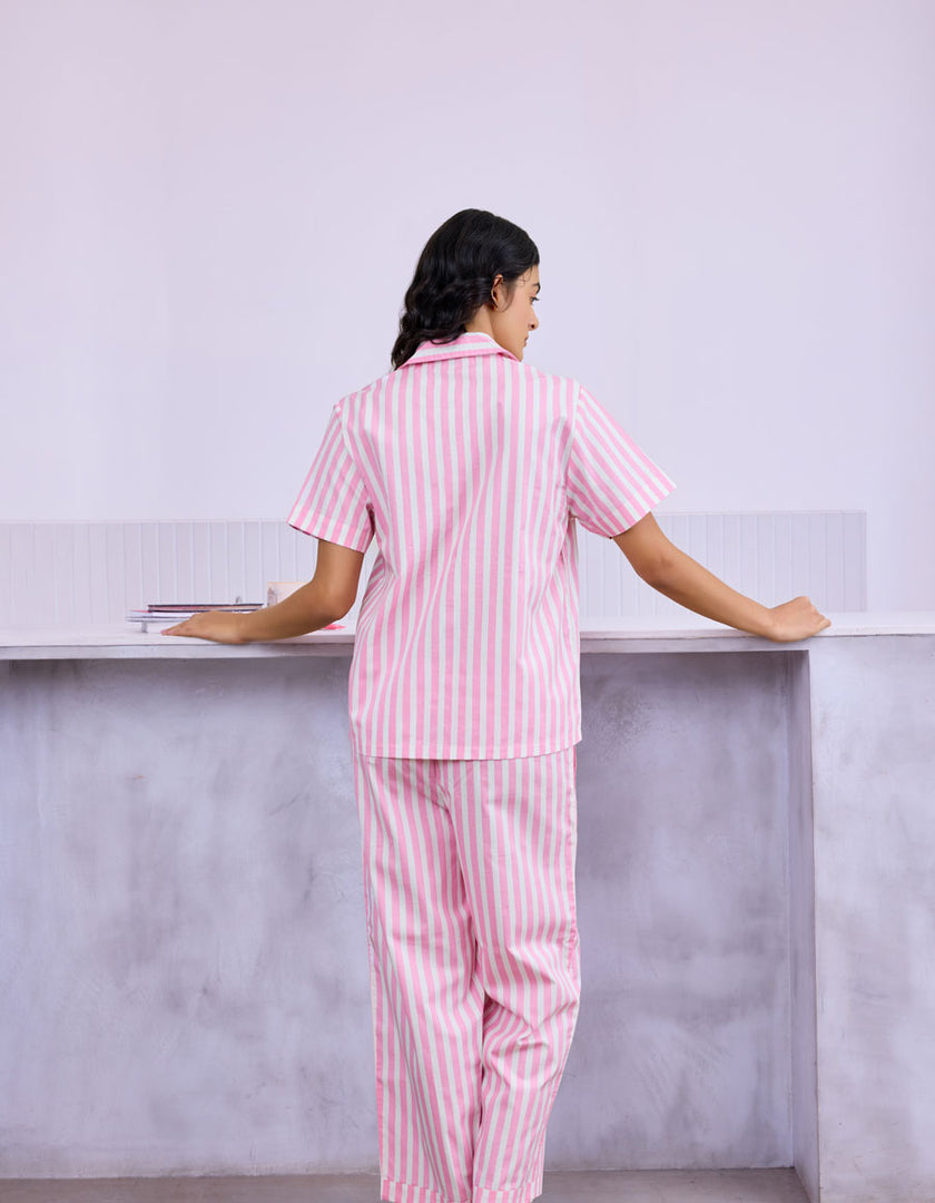Pink & White Striped Cotton Satin Braless Nightsuit