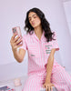 Pink & White Striped Cotton Satin Braless Nightsuit