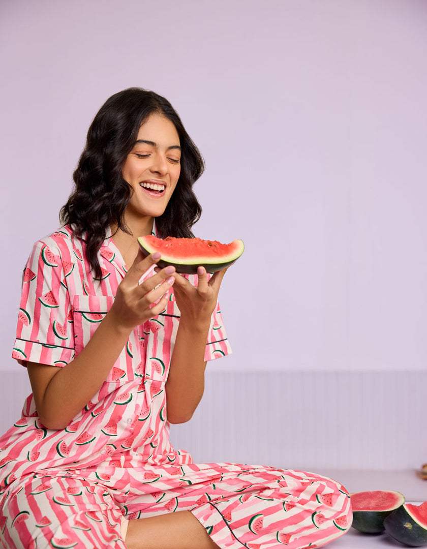 Watermelon Printed Cotton Braless Nightsuit for Women