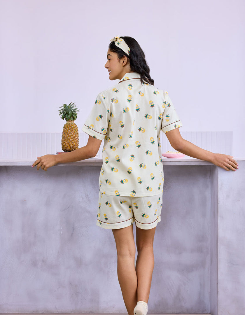 Pineapple Printed Cotton Braless Nightsuit for Women