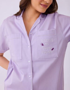 Solid Lilac Cotton Satin Braless Nightsuit for women