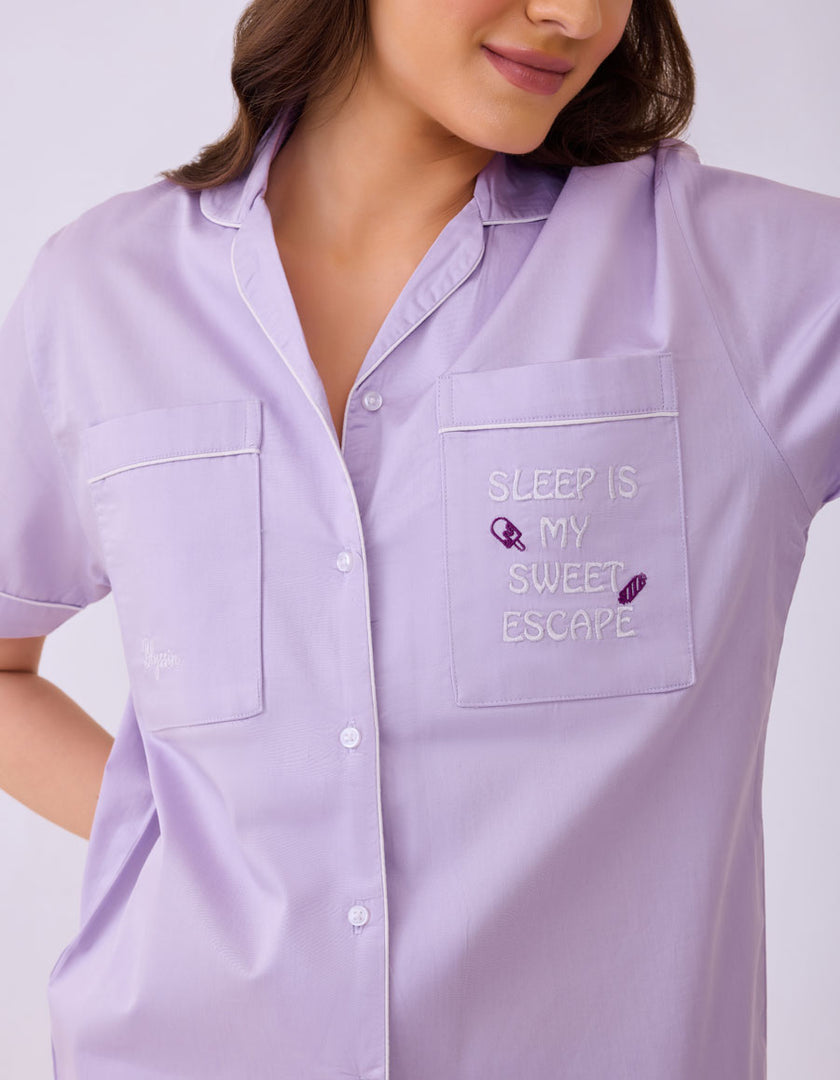 Solid Lilac Cotton Satin Braless Nightsuit for women