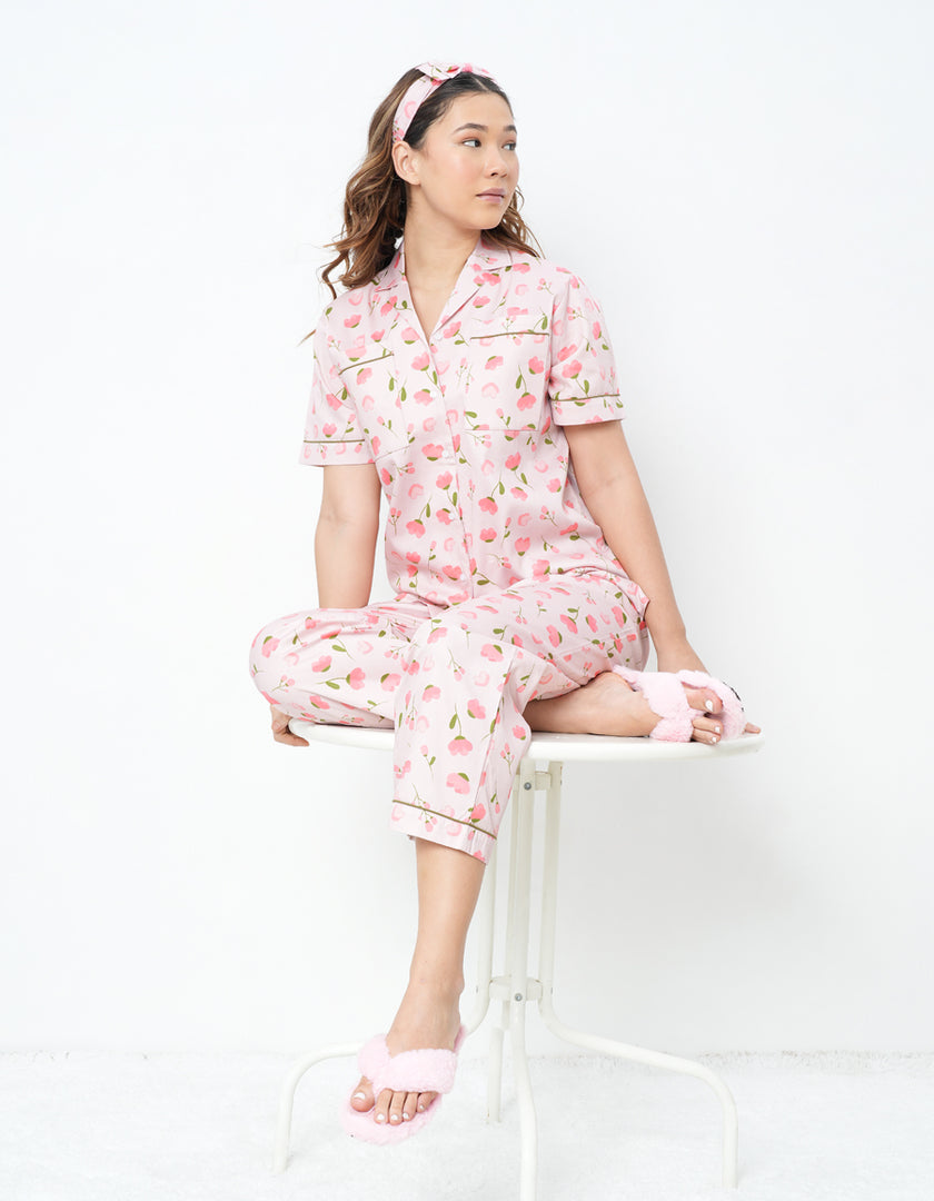 Floral Printed Cotton Braless Nightsuit for women